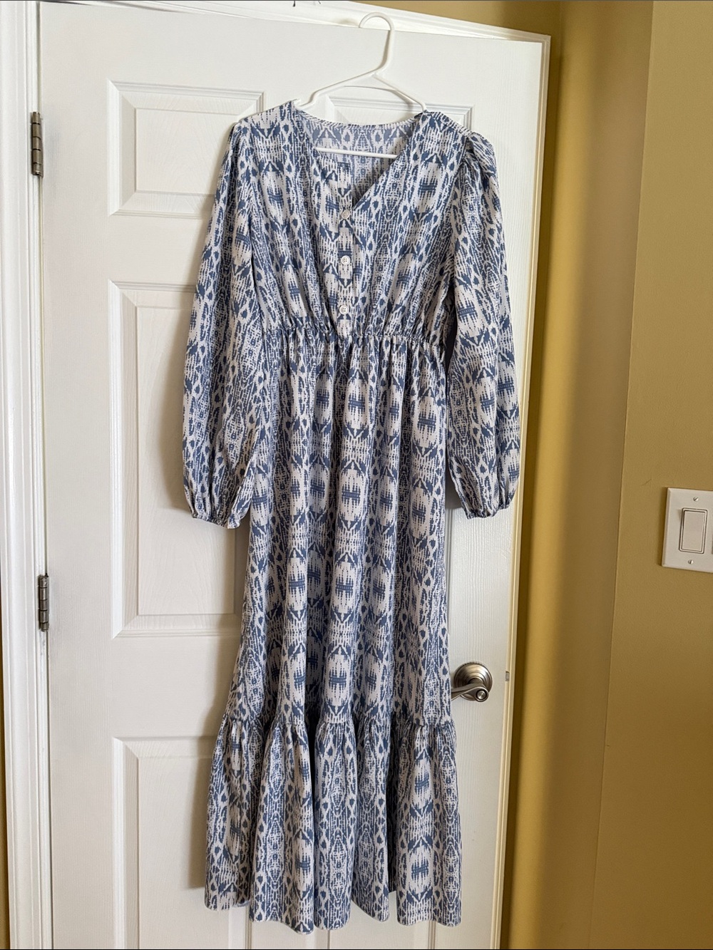 SHEIN Blue and White Ikat V-Neck Maxi Dress